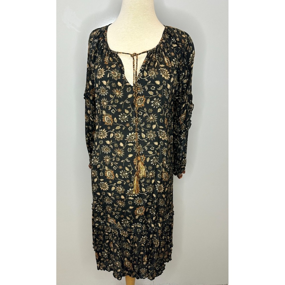 Natural Life Floral Tassel Long Sleeve Boho Shift Dress Small Ruffle Boho Fall - Picture 2 of 13